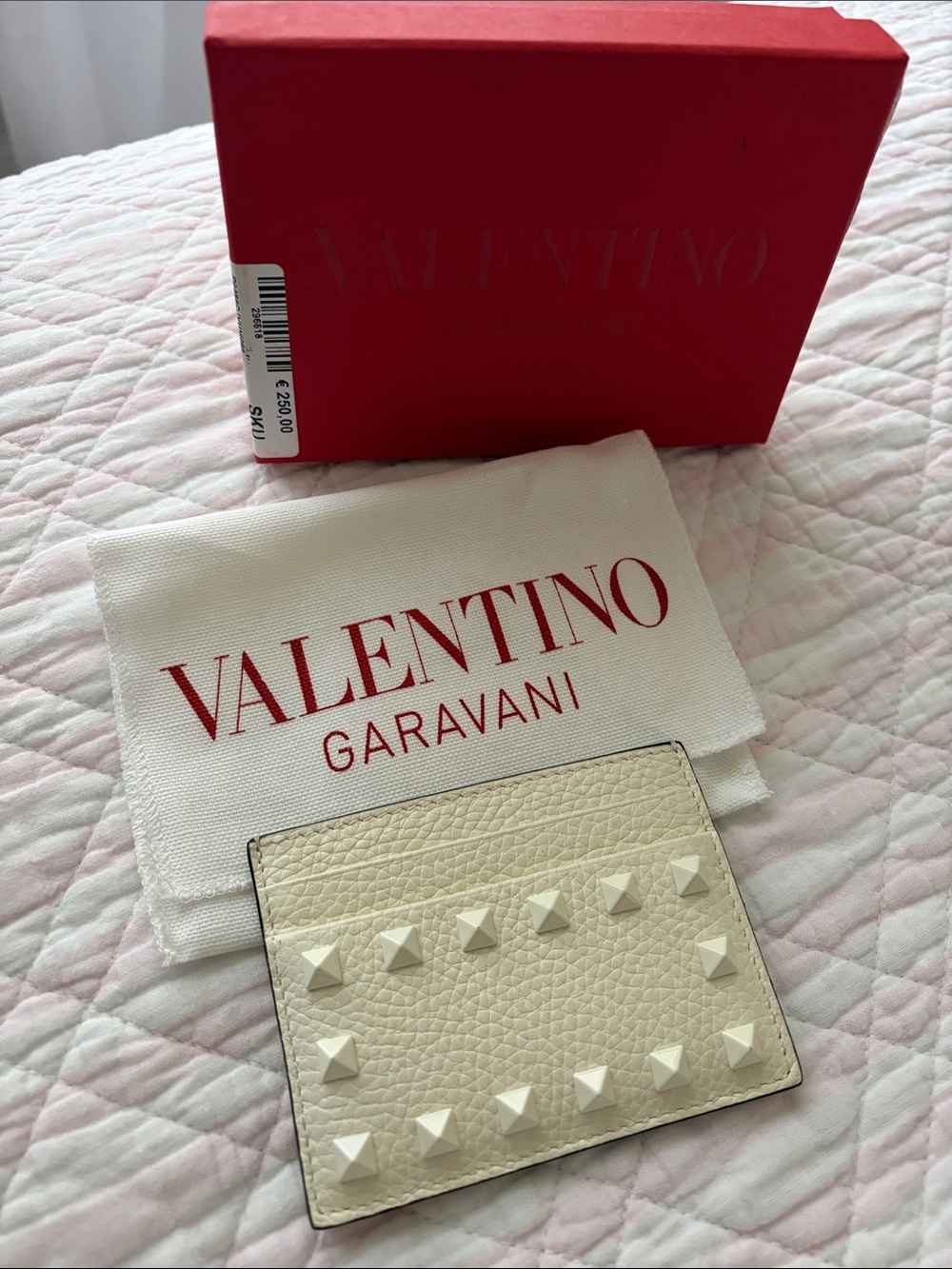 Valentino Cream Rockstud Card Holder with Red Branded Box